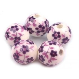 Porcelán gyöngy, 1cm - 1db - fehér-lila
