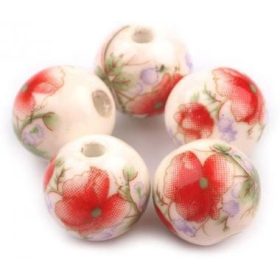 Porcelán gyöngy, 1cm - 1db - fehér-piros