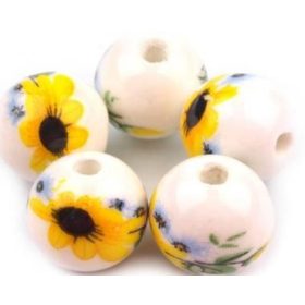 Porcelán gyöngy, 1cm - 1db - fehér-sárga