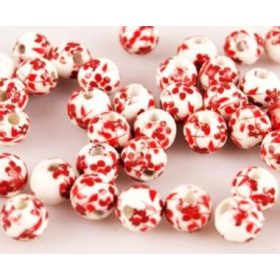 Porcelán gyöngy, 0,6cm - 1db - fehér-piros
